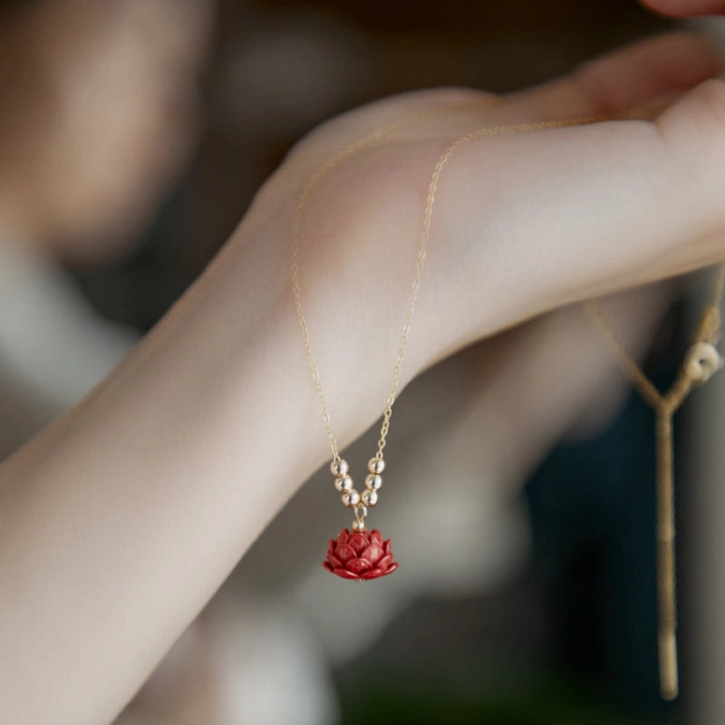 Red Lotus Cinnabar Necklace - Boosts Noble & Social Luck