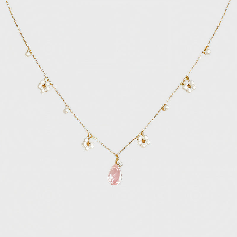 Natural Rose Quartz Pearl Flower Necklace– Open Heart, Attract Sweetness
