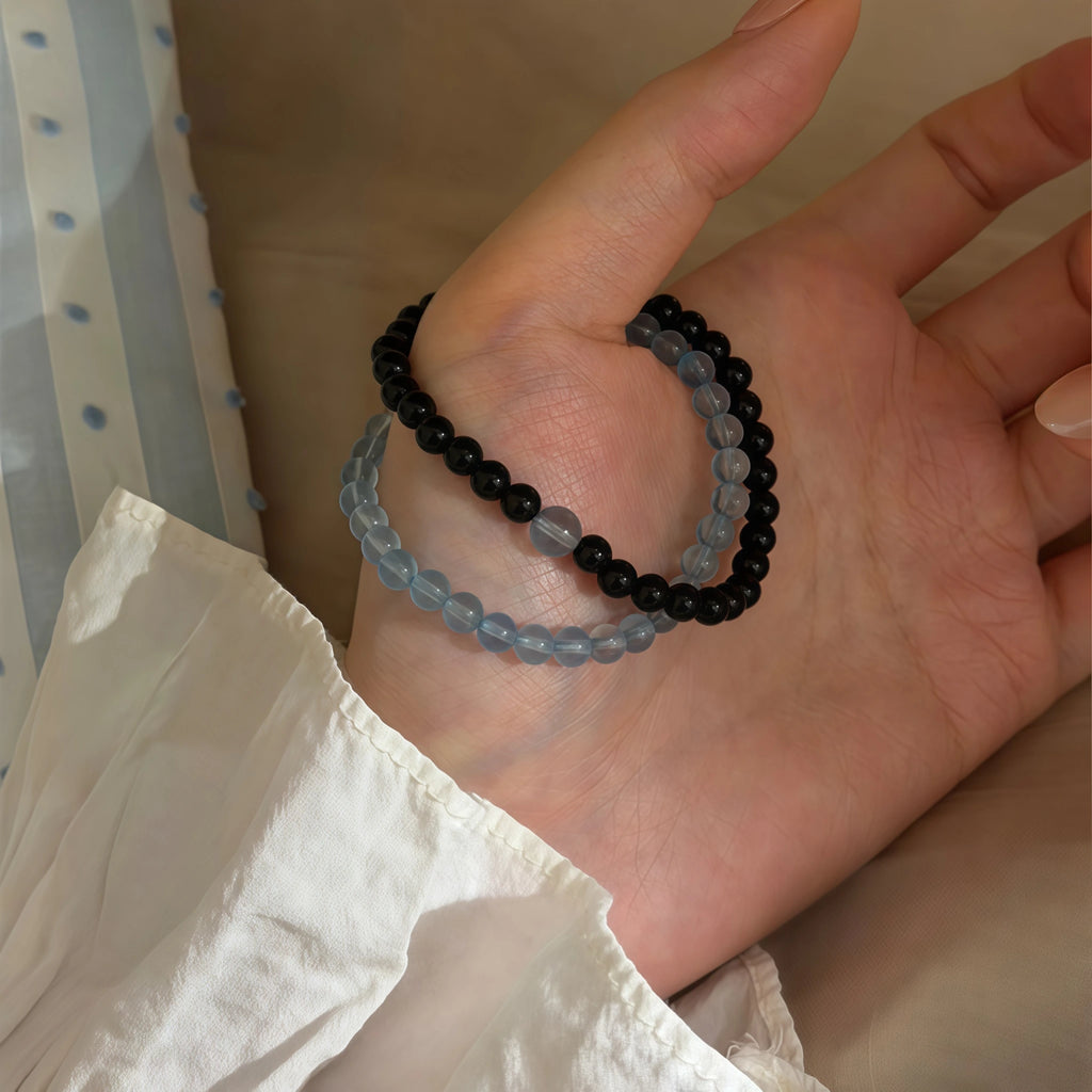 Smooth Round Bead Aquamarine Obsidian Bracelet - Serenity & Protection