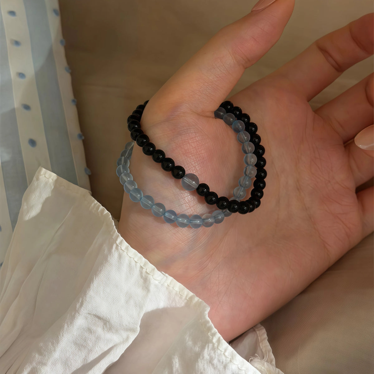 Smooth Round Bead Aquamarine Obsidian Bracelet - Serenity & Protection