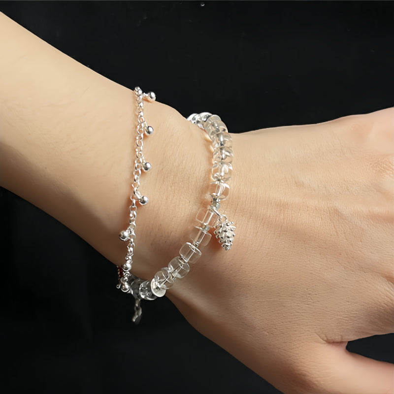 Natural White Crystal Pure Silver Pinecone Bracelet - Clarity, Calm, and Lasting Good Fortune
