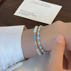 Natural Turquoise & Pearl Stackable Bracelet - Ease Stress & Vintage Elegant Vibe