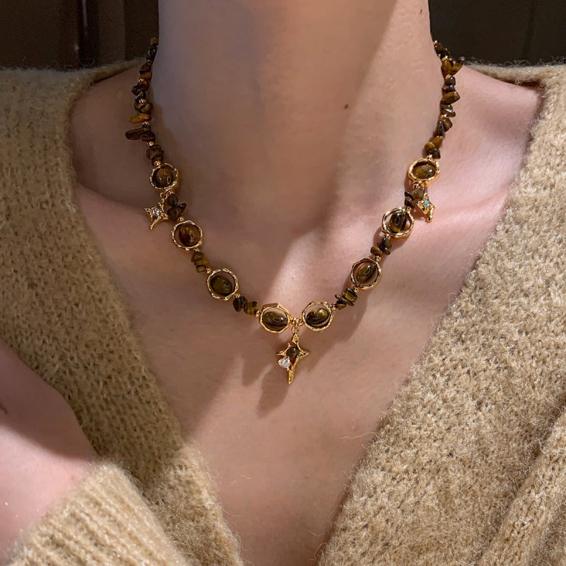 Natural Tiger Eye Stone Necklace — Maillard Starburst Couple