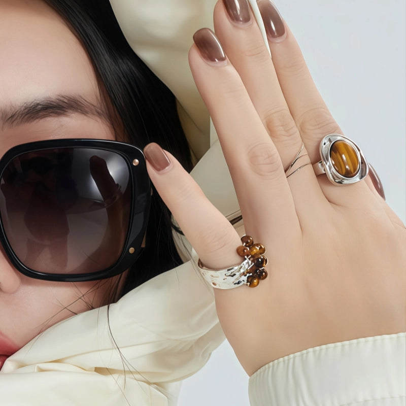 Natural Tiger Eye Stone Ring With Ribbed Star Core Light Luxury Women's Ring
