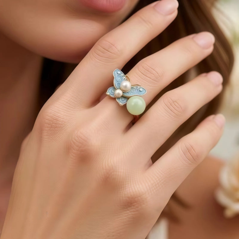 Hetian Jade Butterfly Enamel Pearl Ring – Wear Peace, Carry Fortune
