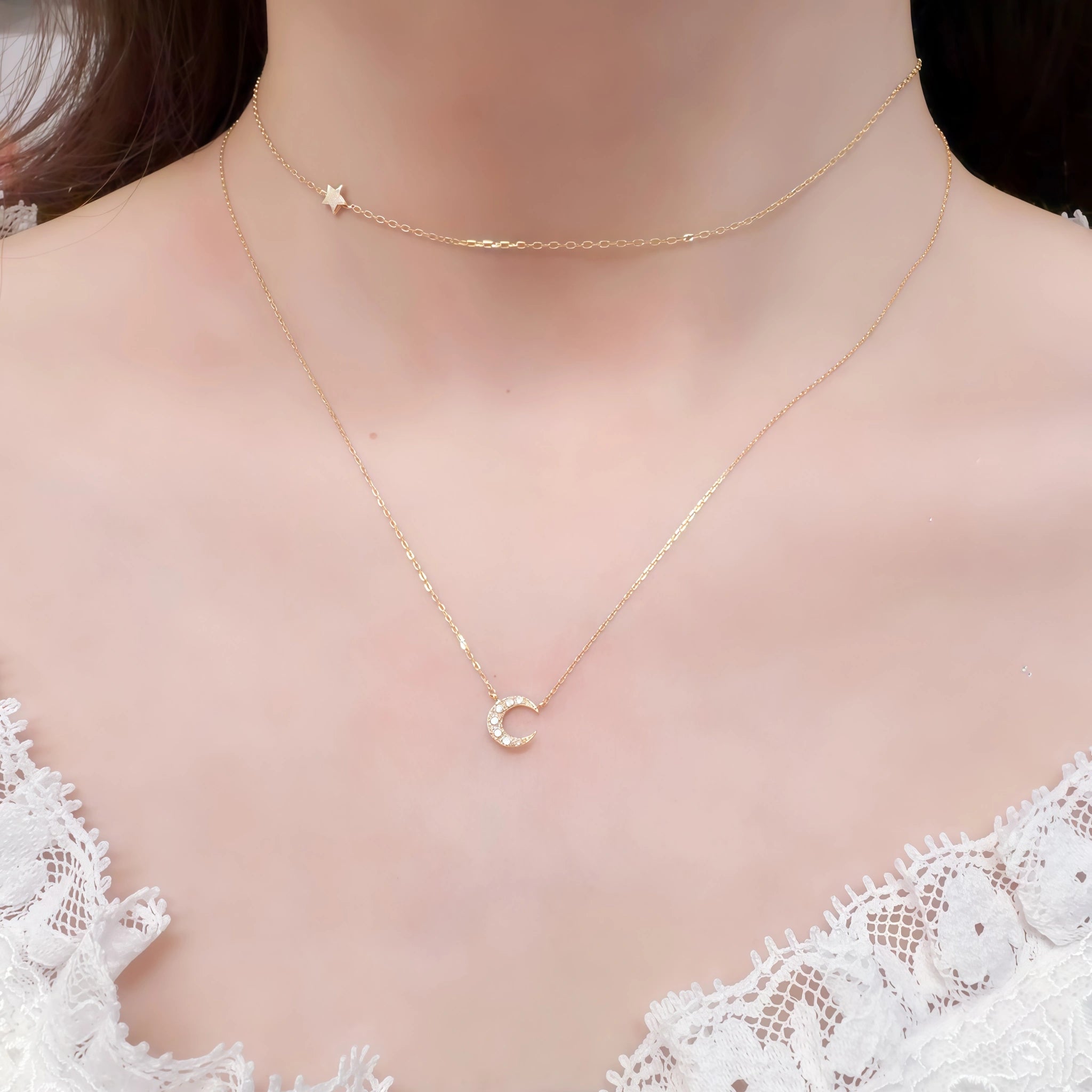 Pavé‑Set Crescent Moon Jewelry Set - Quiet Protection