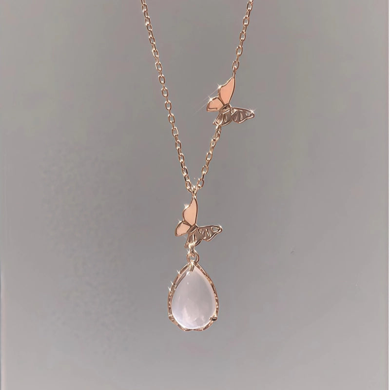 Butterfly Teardrop Rose Quartz Necklace - Attract Love & Gentle Energy