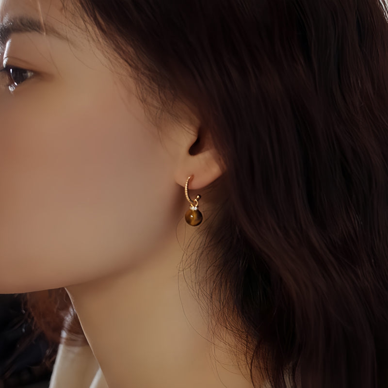 C-Shape Tiger Eye Two-Wear Earrings, Niche Vintage Maillard Crystal Jewelry for Wealth