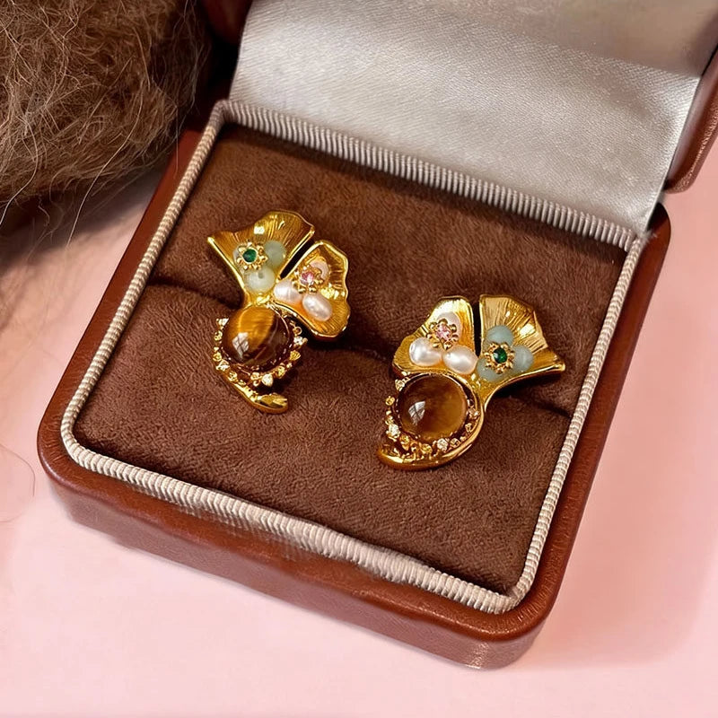 Boucles d'oreilles Œil de Tigre naturel, Lumina Tigeris Maillard Fleur Dorée, Cadeau Femme