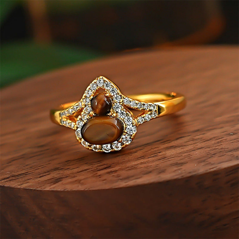 Maillard Golden Tiger Eye Gourd Silver Studs — Fortune Crystal Earrings & Ring Set