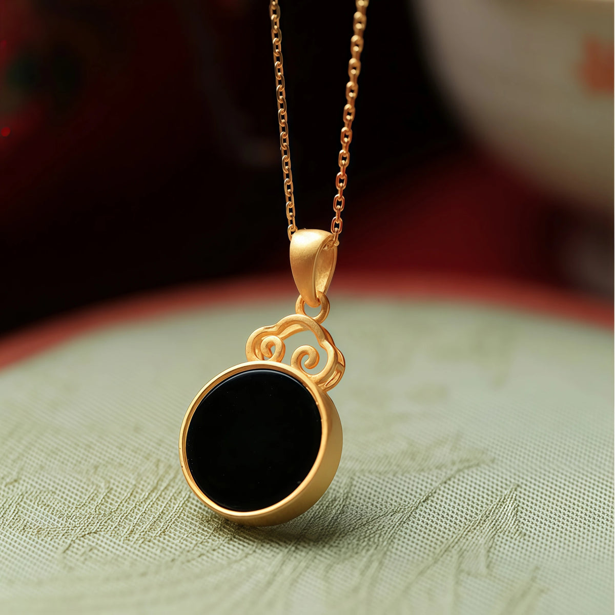Natural Black Hetian Jade Auspicious Cloud Round Tablet Necklace - Protection & Wholeness