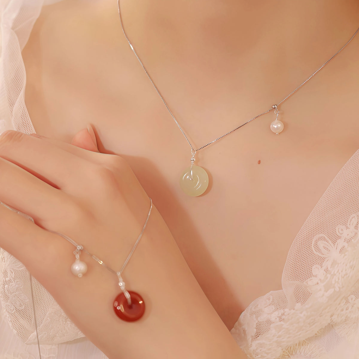 Natural Stone Ping An Kou Charm Necklace - Peace & Unity