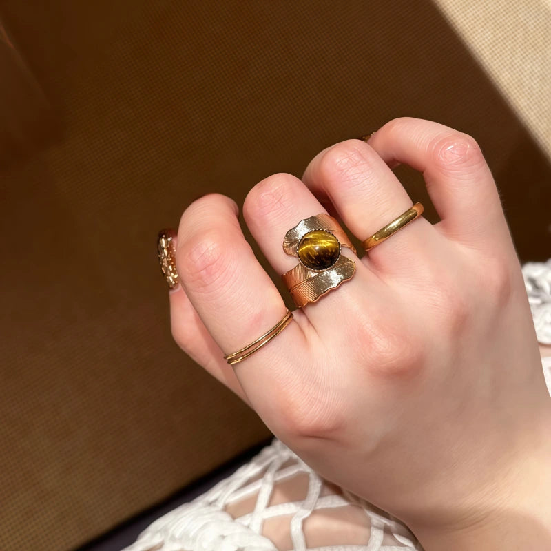 Natural Tiger Eye Stone Ring, Retro French Feather Antique Style Ring