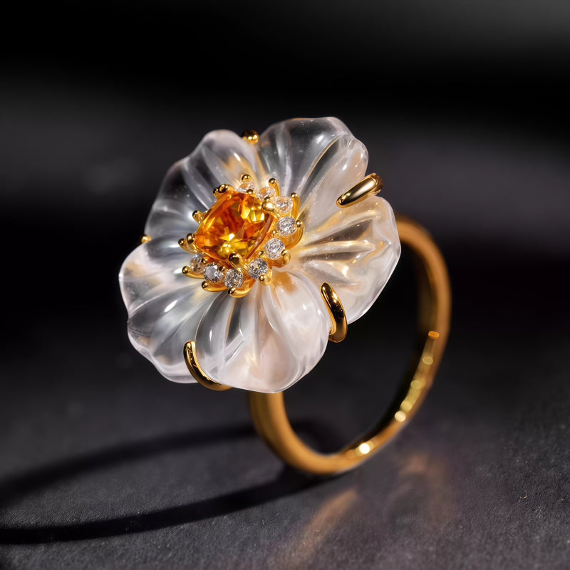 Natural Citrine Crystal Flower Ring