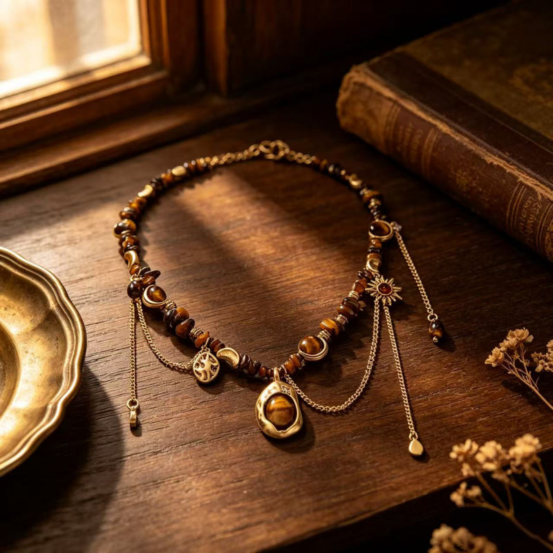 Natural Tiger Eye Stone Necklace — Maillard Vintage Fringe Choker Necklace