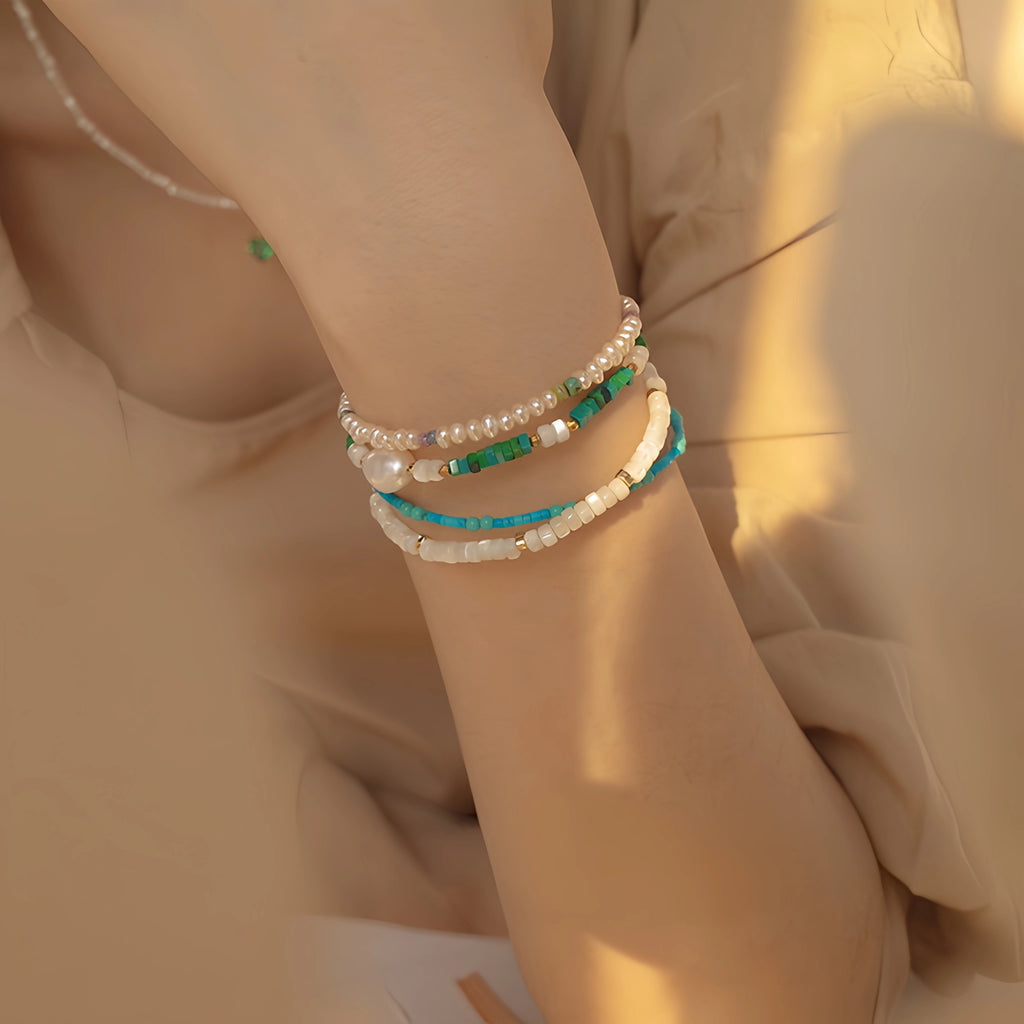 Turquoise, Pearl & Shell Stackable Bracelet - Embrace Natural Serenity