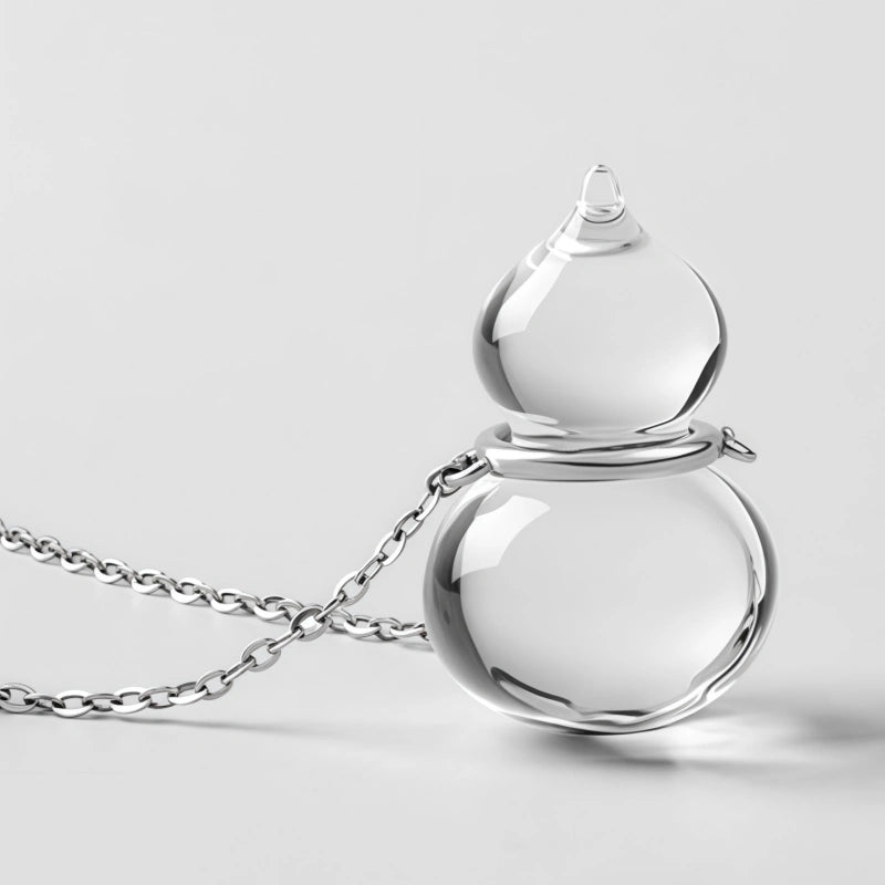 Natural White Crystal Necklace, Fortune Gourd, Pure Silver Pendant