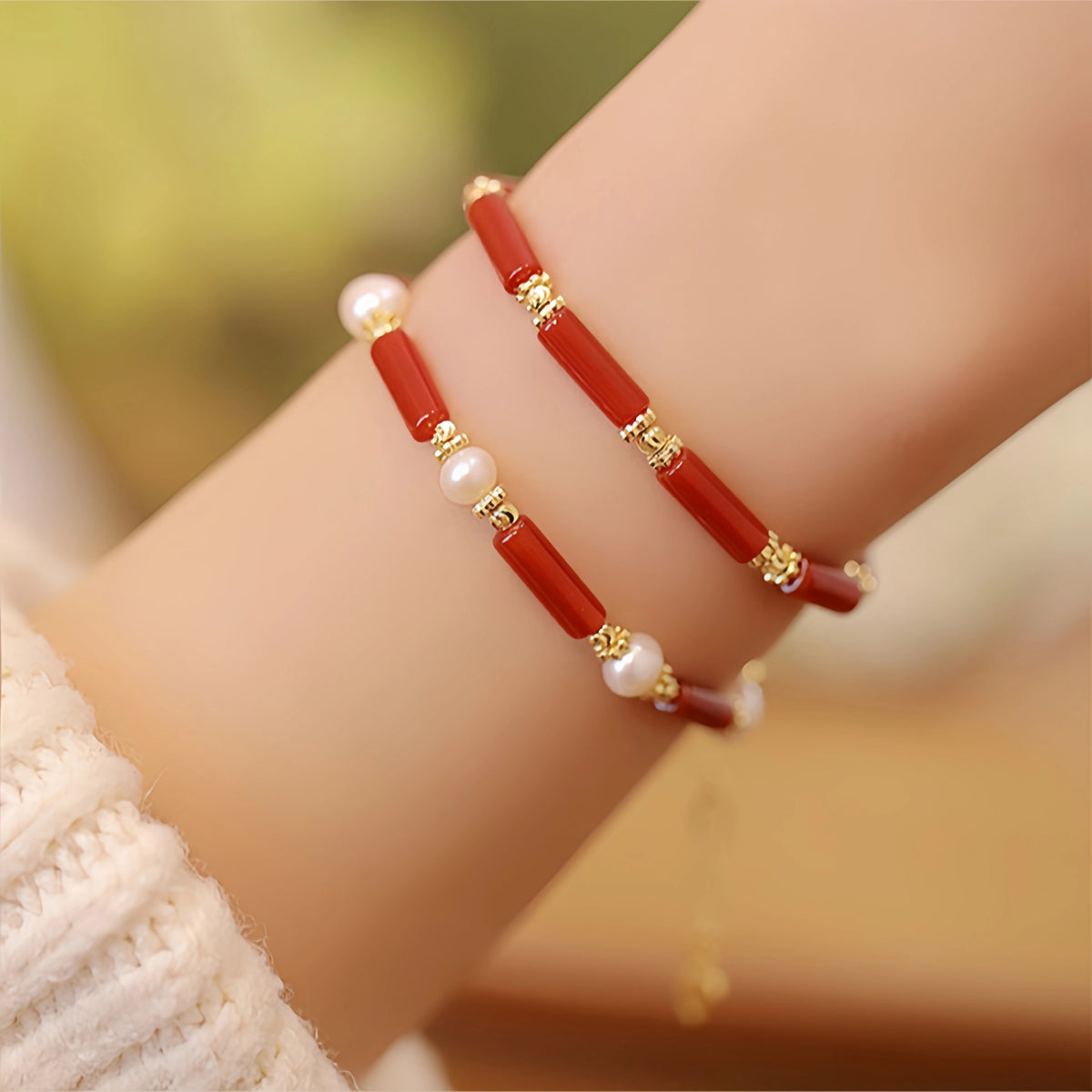 Red Agate & Pearl Stackable Bracelet with Bamboo Charm - Growth & Calm