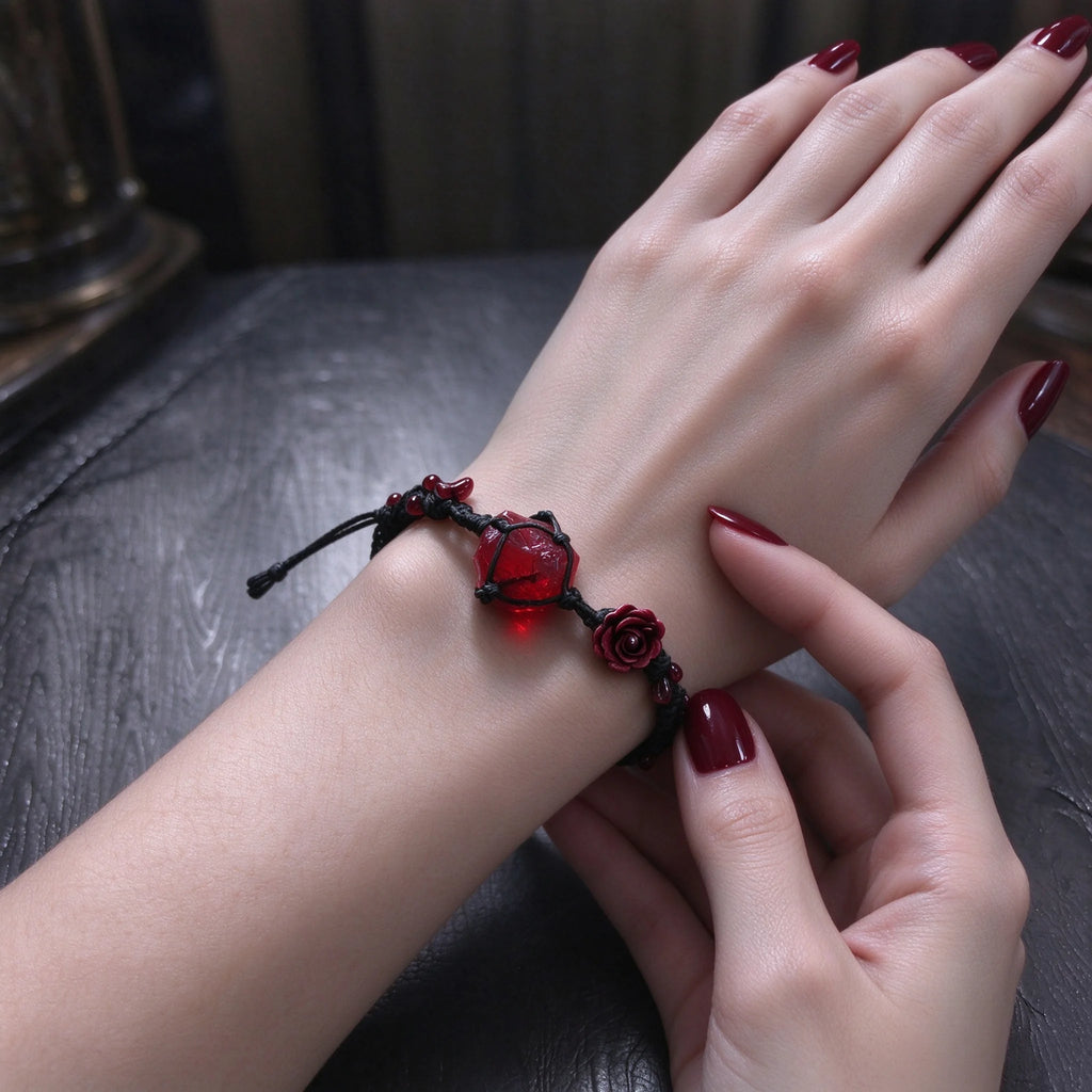 Red Rose Garnet Macrame Bracelet - Vitality & Devotion Energy Healing