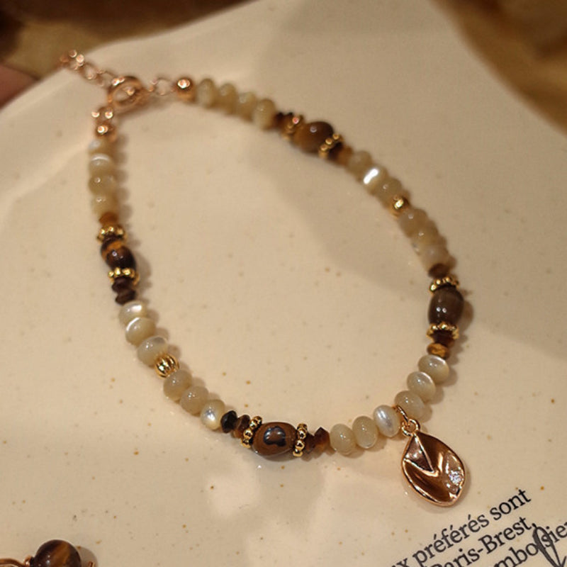 Tiger Eye & Shell Bead Bracelet for Women, Adjustable Extension Chain with Leaf Pendant