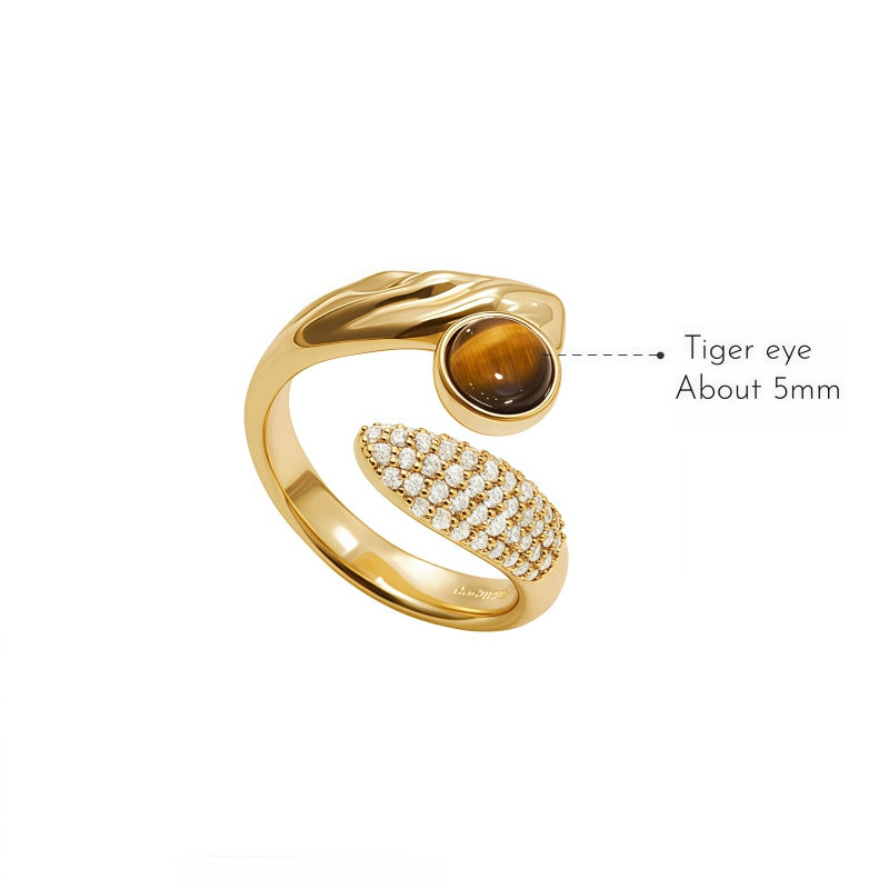 Bague Œil de Tigre Naturel, Zircon de Luxe Léger, Design Niche, Bague Ouverte pour Index