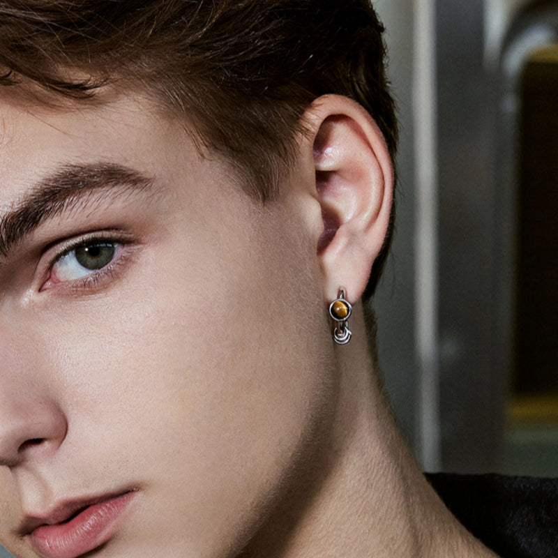 Boucles d'oreilles en œil de tigre naturel et argent, style streetwear — Courage fougueux pour mon petit ami
