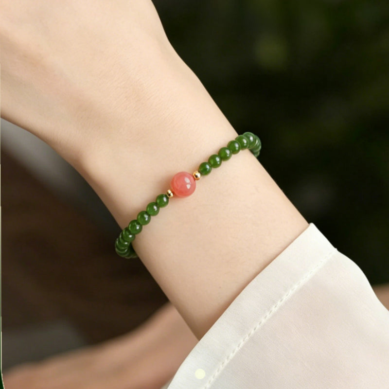 Hetian Green Jade & Ice Floating Southern Red Agate Bracelet – Soothes Emotions