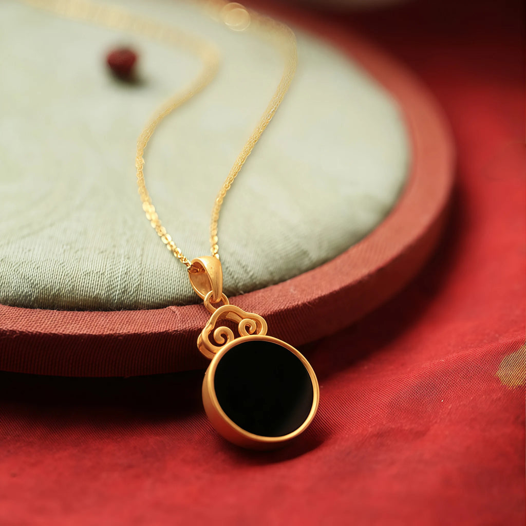 Natural Black Hetian Jade Auspicious Cloud Round Tablet Necklace - Protection & Wholeness