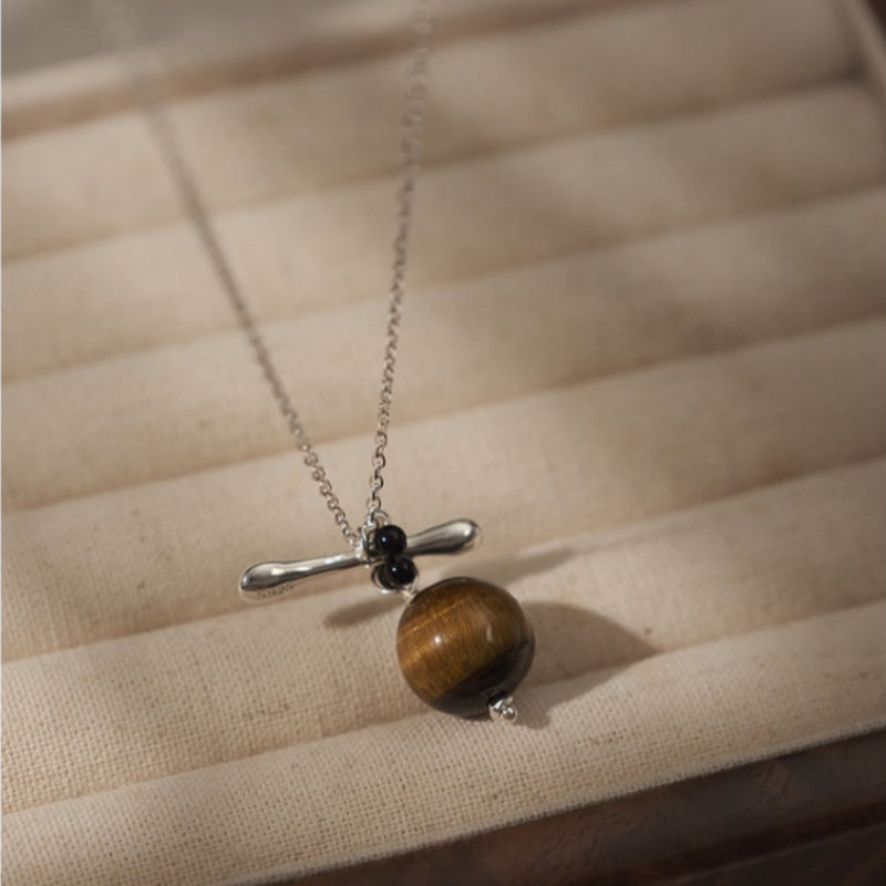 Natural Tiger Eye Stone Necklace, Floating Planet - Steady Career & Prosperous Life