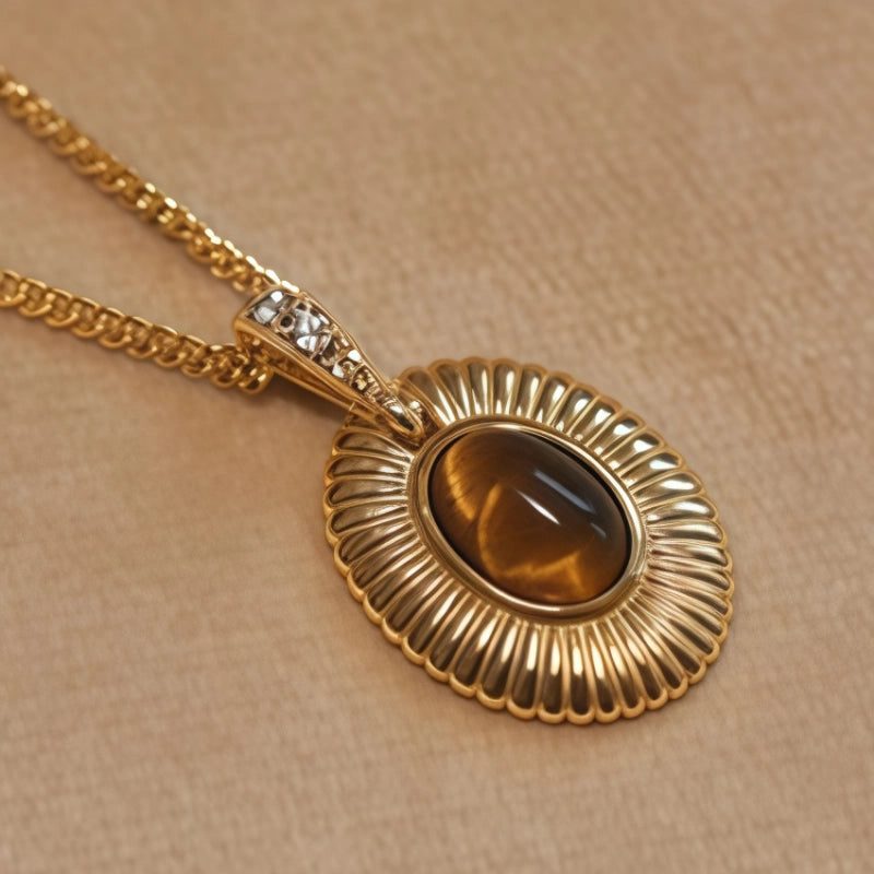Collier en pierre naturelle Œil de tigre, chaîne pour femme vintage style Maillard