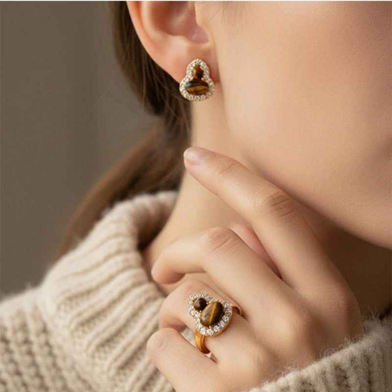 Maillard Golden Tiger Eye Gourd Silver Studs — Fortune Crystal Earrings & Ring Set