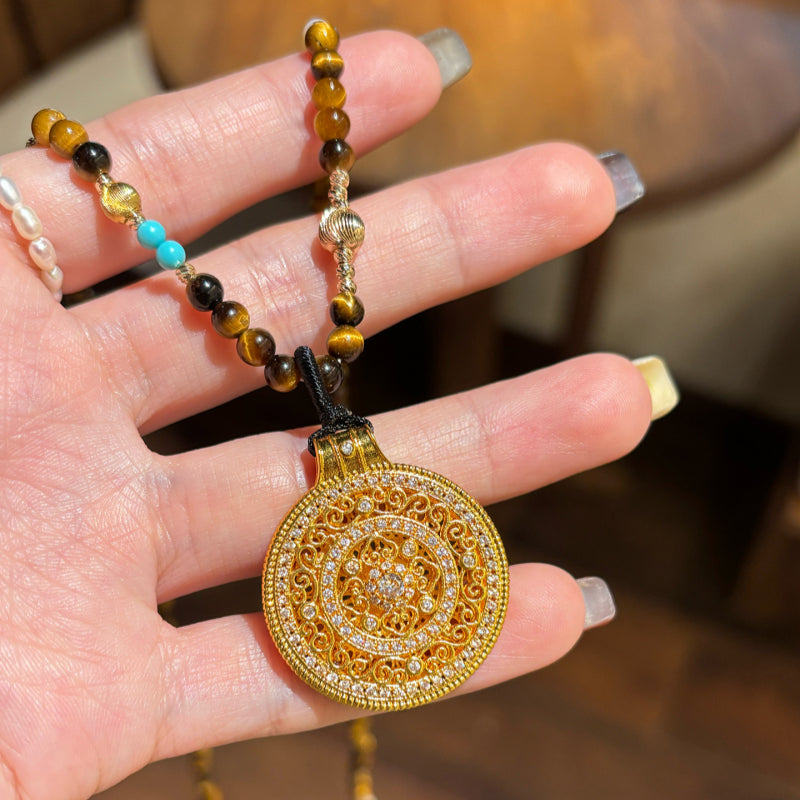 Natural Tiger Eye Stone Necklace, Compass Pendant Sweater Necklace, Gift for Mom