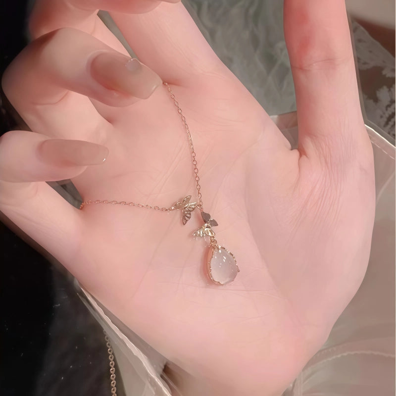 Butterfly Teardrop Rose Quartz Necklace - Attract Love & Gentle Energy