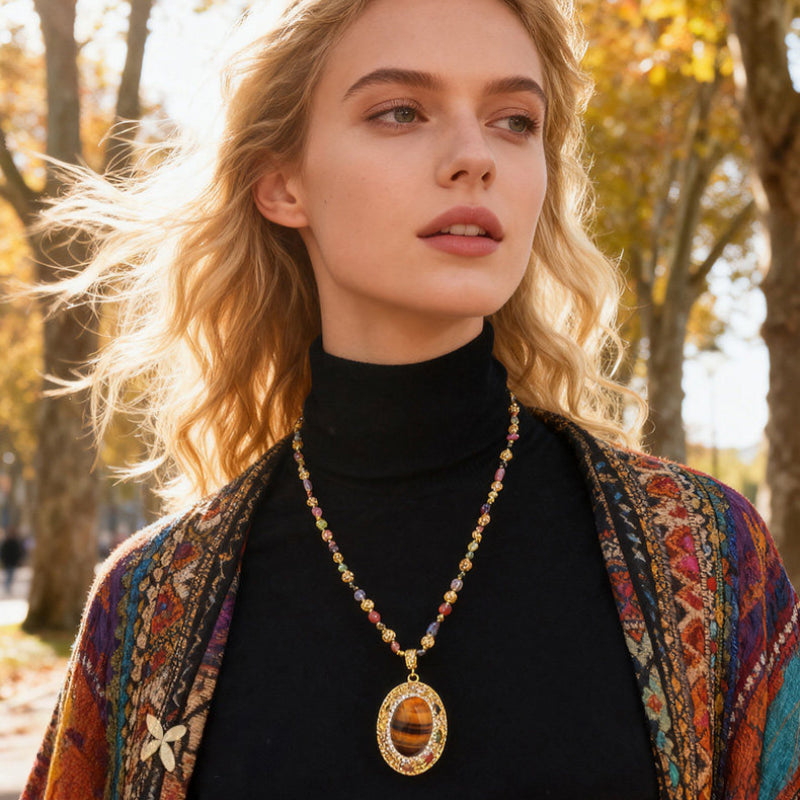 Tiger's Eye & Tourmaline Sweater Necklace Light Luxury Women's Maillard Tone Heavy-Duty Long