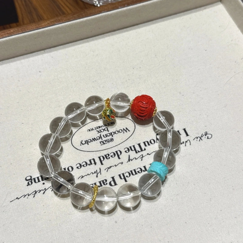 Clear Quartz & Red Sand Six Syllable Mantra Bracelet-Gather Blessings