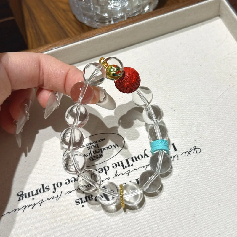 Clear Quartz & Red Sand Six Syllable Mantra Bracelet-Gather Blessings