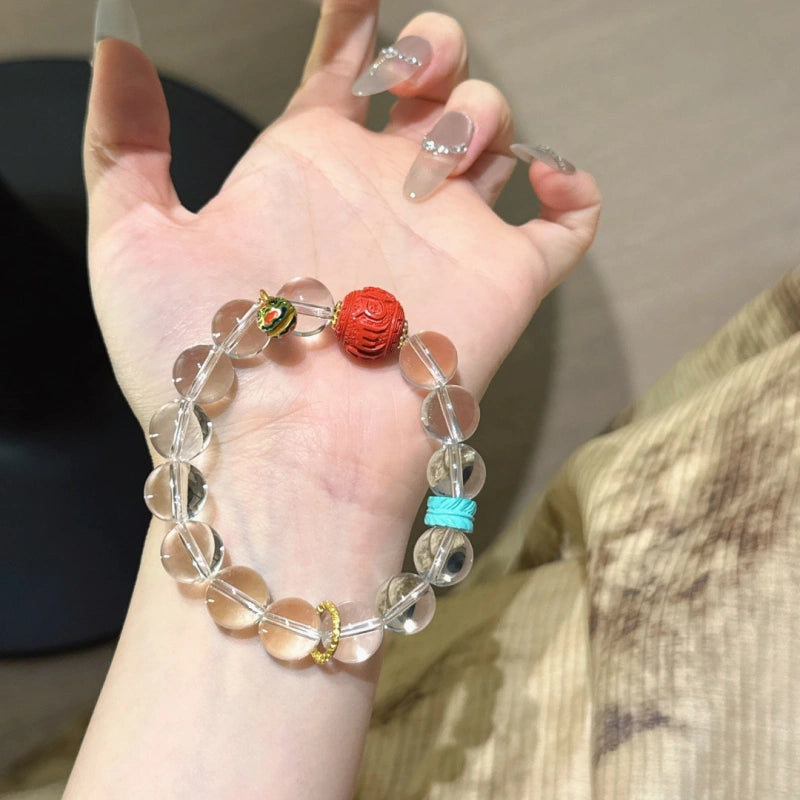 Clear Quartz & Red Sand Six Syllable Mantra Bracelet-Gather Blessings