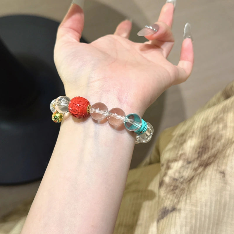 Clear Quartz & Red Sand Six Syllable Mantra Bracelet-Gather Blessings