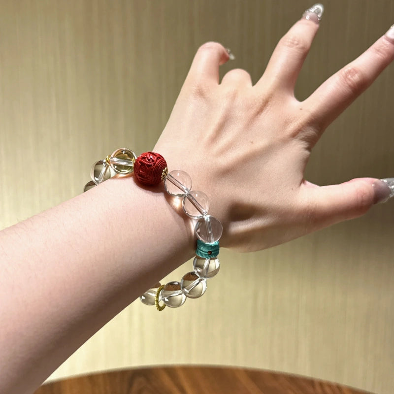 Clear Quartz & Red Sand Six Syllable Mantra Bracelet-Gather Blessings