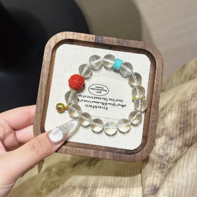 Clear Quartz & Red Sand Six Syllable Mantra Bracelet-Gather Blessings
