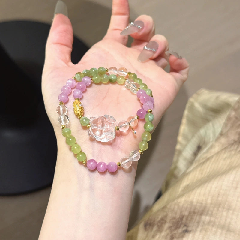 Xiu Jade & Kunzite Nine‑Tailed Fox Multi‑Loop Bracelet-Graceful Protection