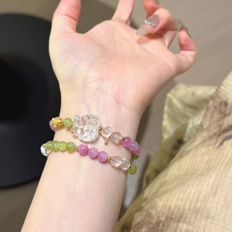 Xiu Jade & Kunzite Nine‑Tailed Fox Multi‑Loop Bracelet-Graceful Protection
