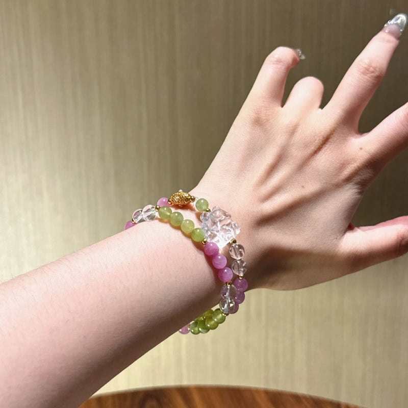 Xiu Jade & Kunzite Nine‑Tailed Fox Multi‑Loop Bracelet-Graceful Protection