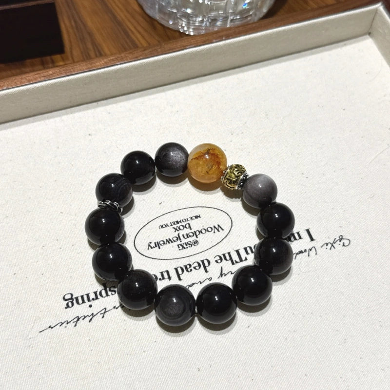 Silver Obsidian & Flower Agate Bracelet-Dispel Inner Turmoil