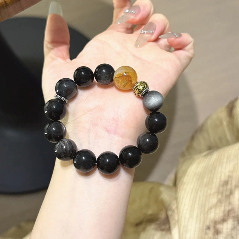 Silver Obsidian & Flower Agate Bracelet-Dispel Inner Turmoil