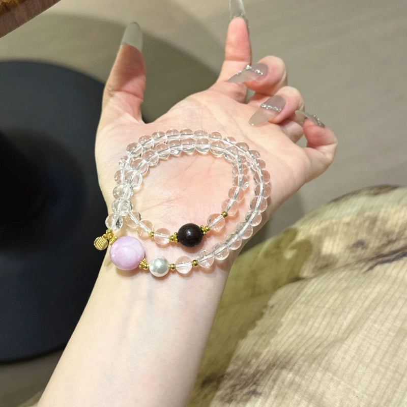 Clear Quartz & Kunzite Double‑Loop Bracelet-Elegant Protection