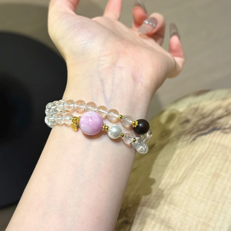 Clear Quartz & Kunzite Double‑Loop Bracelet-Elegant Protection