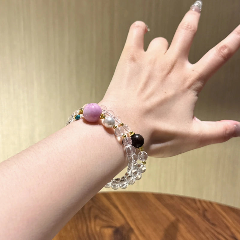 Clear Quartz & Kunzite Double‑Loop Bracelet-Elegant Protection