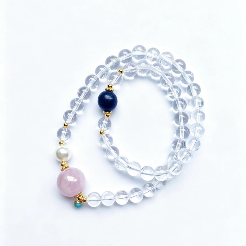 Clear Quartz & Kunzite Double‑Loop Bracelet-Elegant Protection