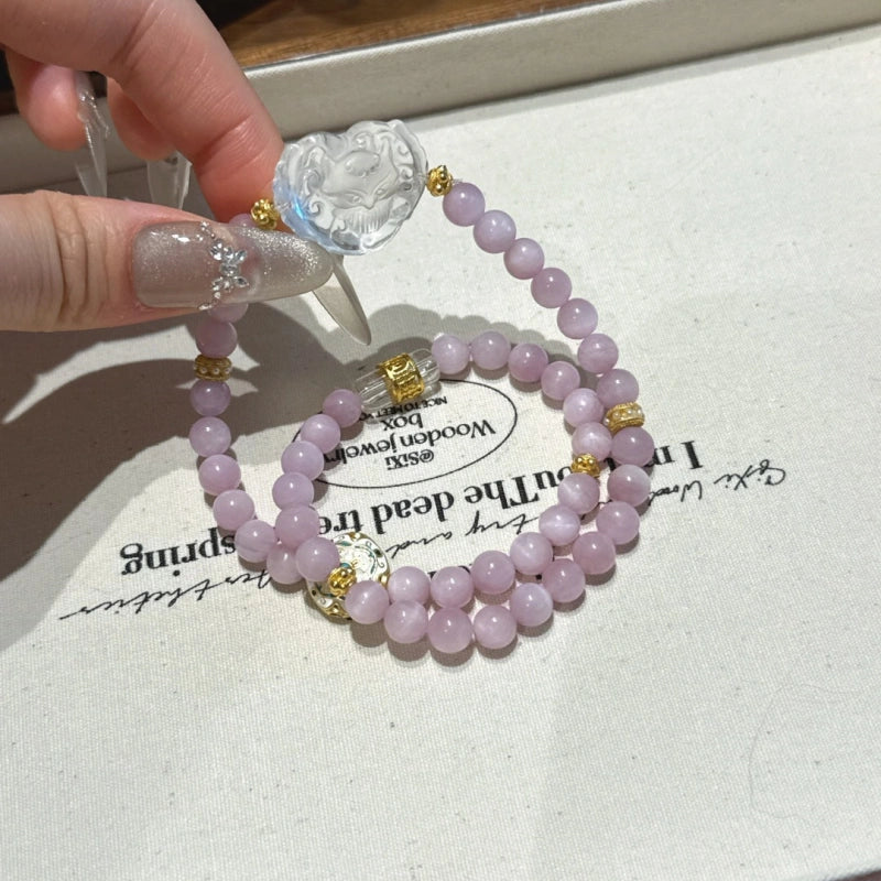 Kunzite & Clear Quartz Heart‑Shaped Fox Bracelet - Shield From Negative Energies